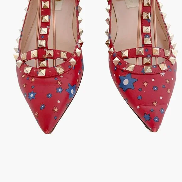 Valentino Garavani Rockstud Caged Flats EU 37.5 US 7.5 Red Stars Studded Ballet - Picture 3 of 13